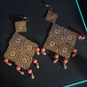 Intricate Gold and Coral Dangle Earrings